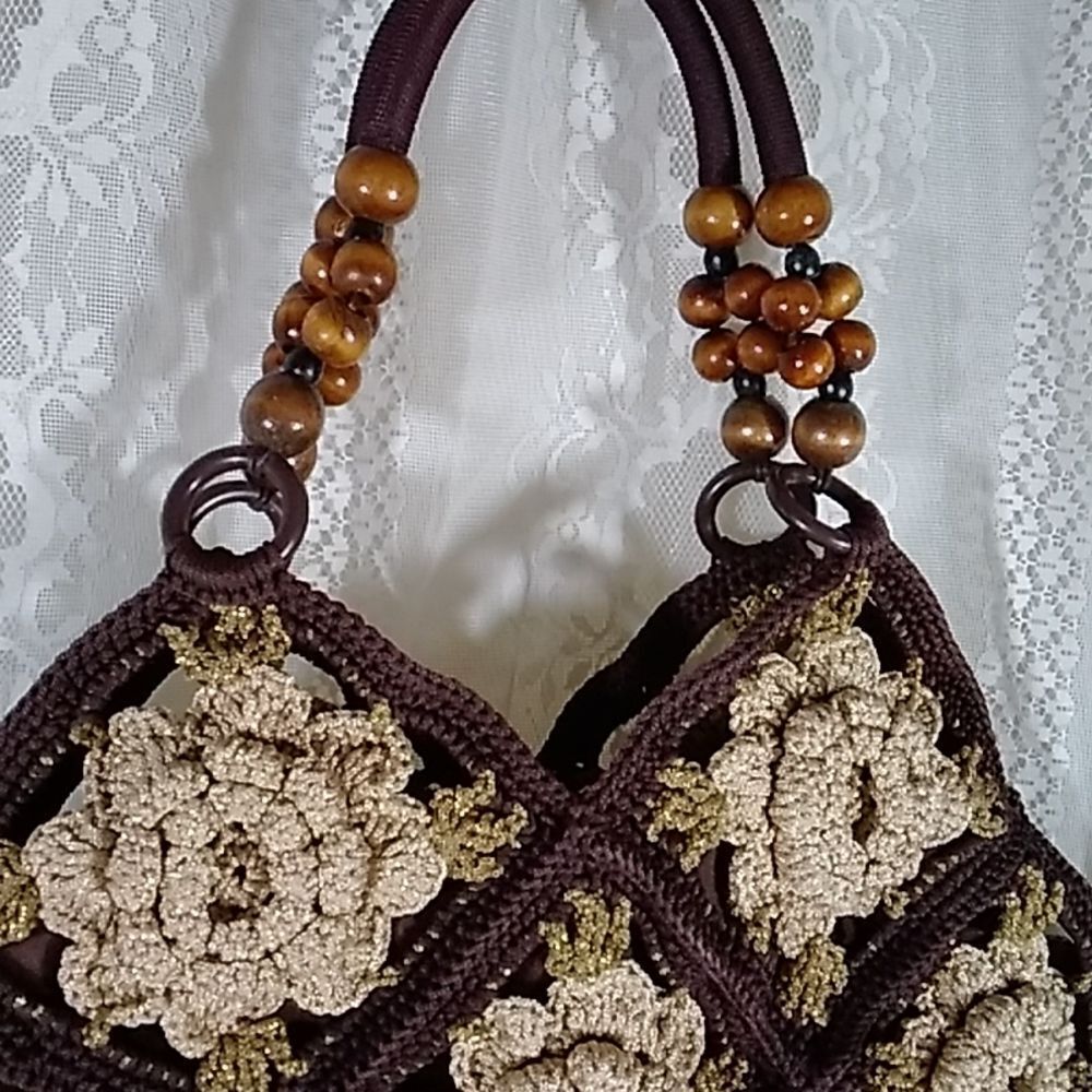 VTG, Crochet Style Retro Handmade Floral Handbag And Shoulder Bag Brown And Gold - Picture 6 of 14